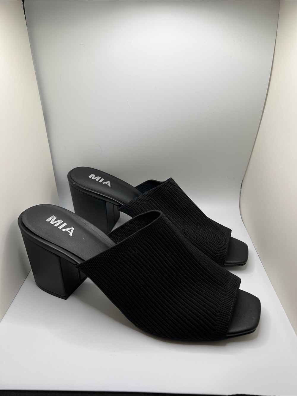 MIA Black Knit Open-Toe Block Heel Mules